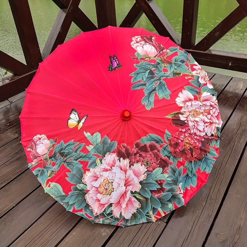 Chinese Cherry Blossom Parasol Umbrella with Bamboo Handle for Sun Rain Protection Weddings Parties