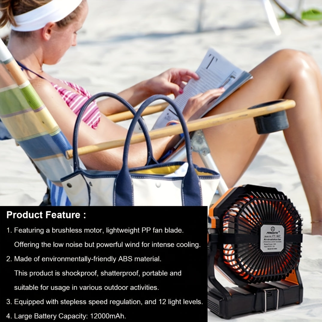 Rechargeable Portable Fan with LED Light, High Wind, USB Charging, Hangable for Camping, Fishing, Indoor Use
