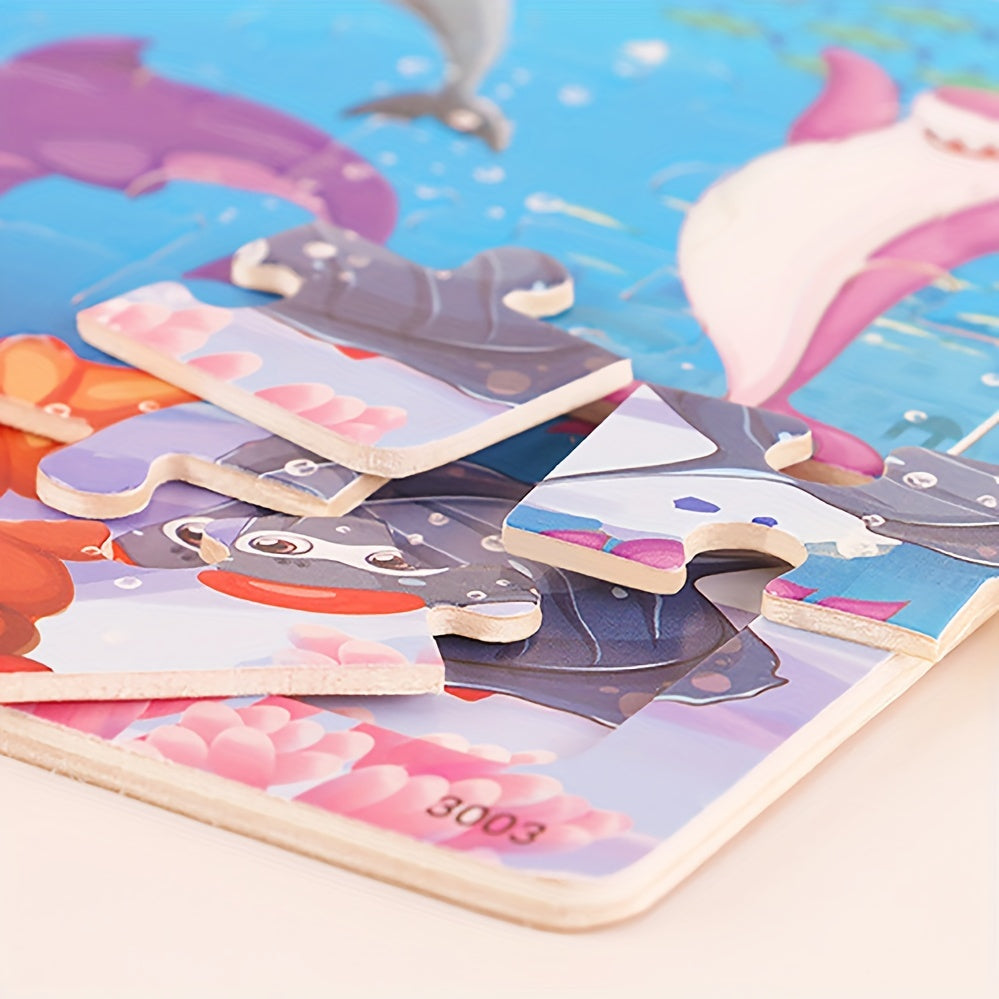 30-Piece Wooden Puzzle for Children Ages 3+ with Animal Dinosaur and Cartoon Designs