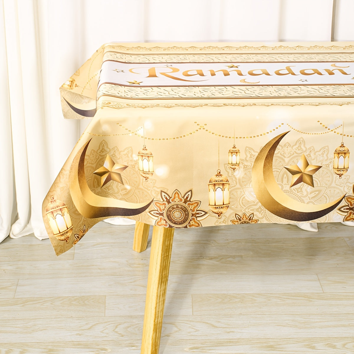 1 dona Oltin Polyester Ramazon Stol usti, Oydin chiroq va gullar dizayni bilan, Eid bayrami davomida uy oshxonasini bezash uchun mukammal.