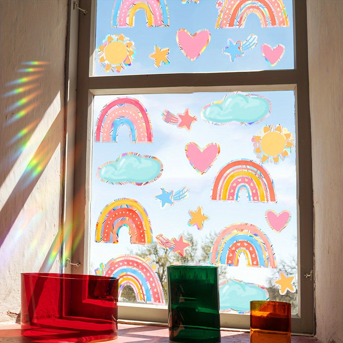 Multi-Colored Rainbow Clouds Vinyl Window Decals Electrostatic Home Decor