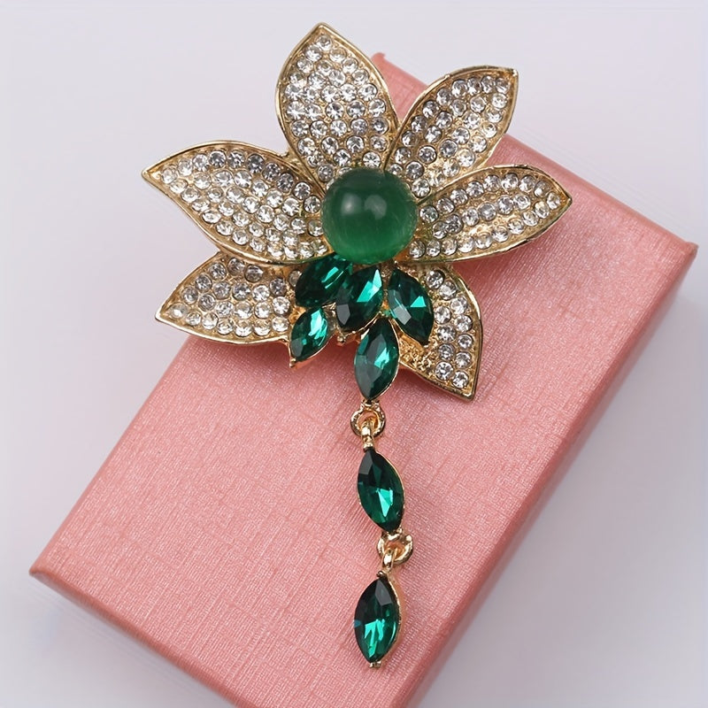 Ayollar uchun vintage yashil jade kristalli brosh pin, rhinestones va tassel dizayni bilan