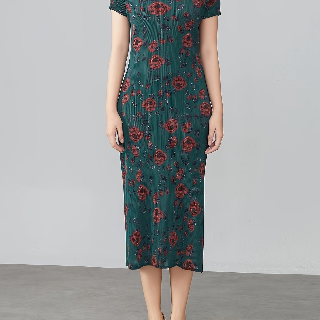 Plus Size Floral Print Qipao Dress Short Sleeve High Stretch Loose Fit Evening Wear