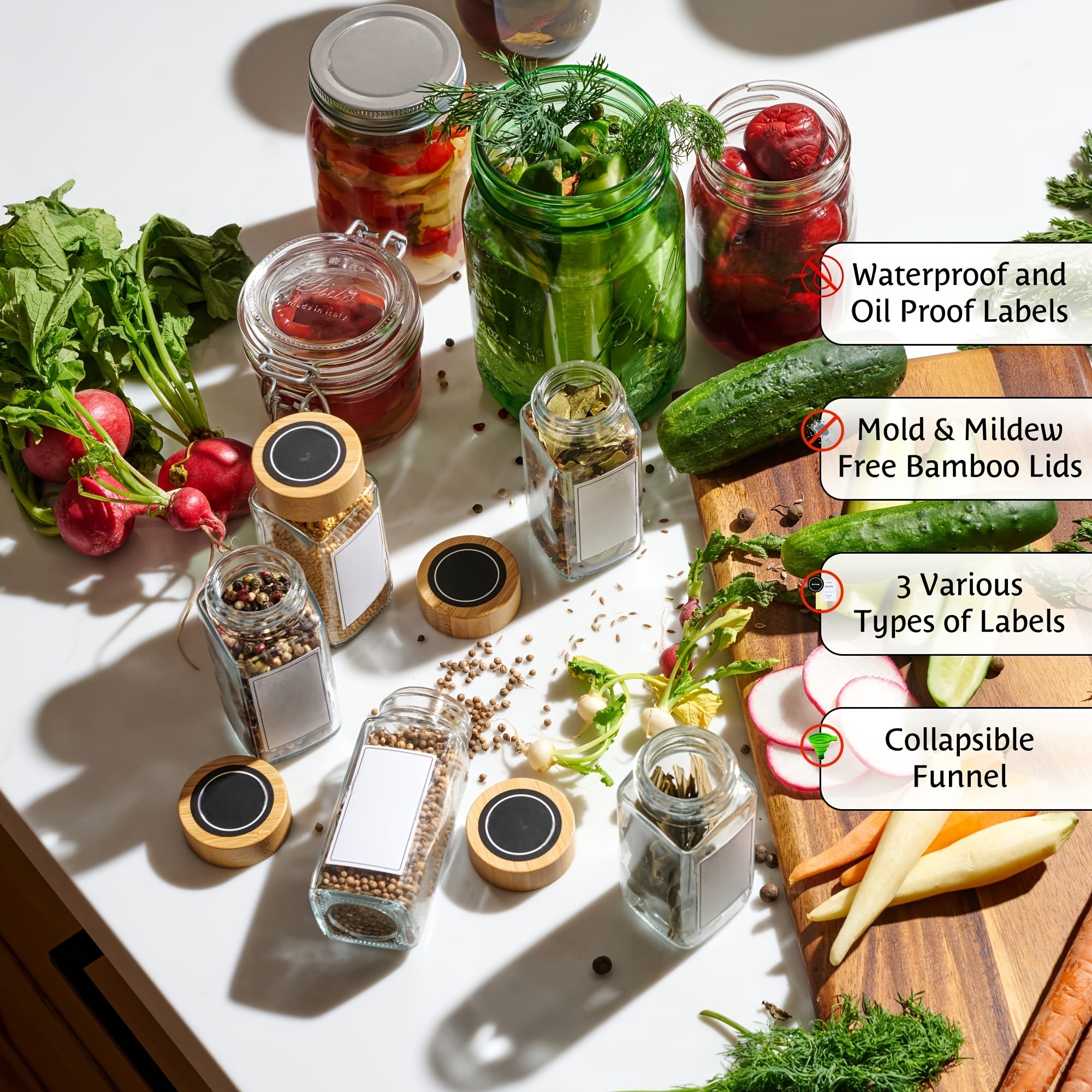 12-Donali shisha ziravorlar bankasi to'plami, bambuk qopqog'lar, yorliqlar va filtri bilan, havo o'tkazmaydigan oshxona saqlash uchun