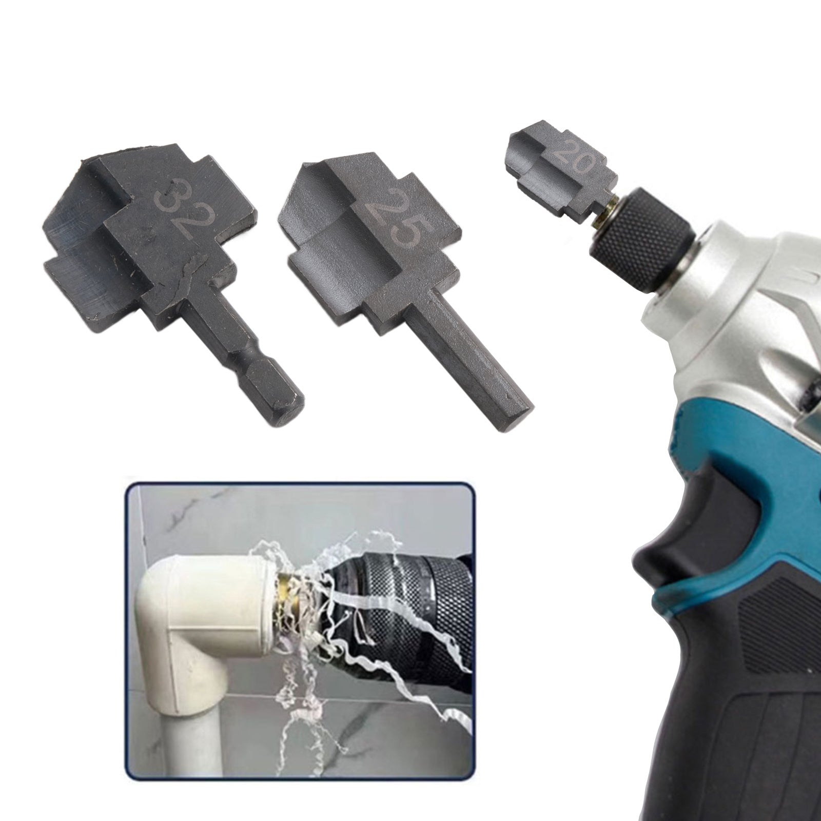 3-Piece PPR Lifting Stepped Drill Bit Set with Hex Shank for Water Pipes 20/25/32mm Black Metal