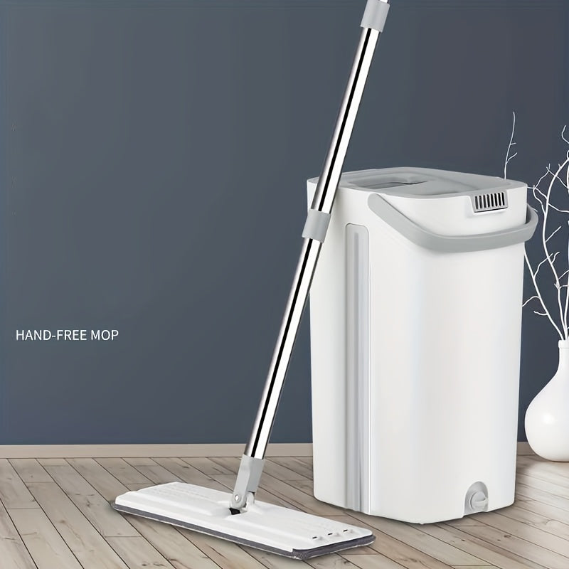 "Qo'l bilan ishlatmasdan to'liq mop va chelak tizimi, 1 to'plam, 2/6 moshinada yuviladigan padlar, metall tutqich, plastik chelak, nam va quruq pol tozalash uchun. Hammomda foydalanish uchun ideal va barcha pol turlari uchun mos."