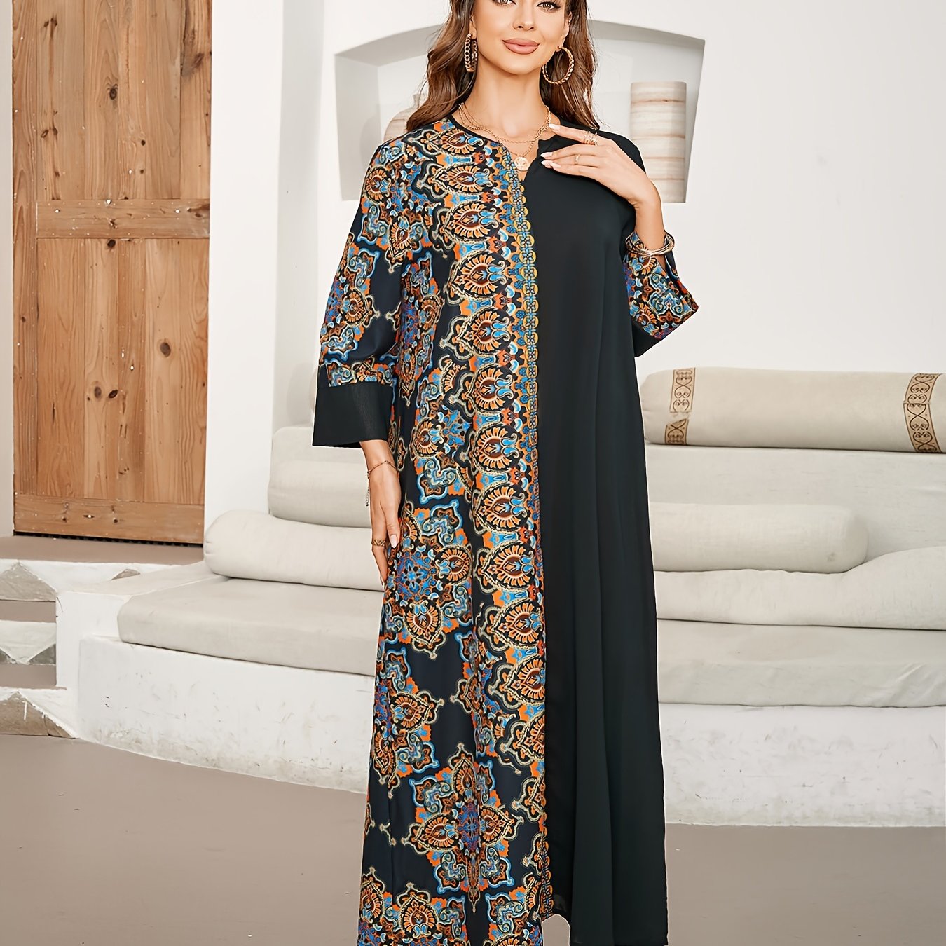 Black and Blue Floral Paisley Maxi Kaftan Dress for Women Polyester Spring Summer Fall