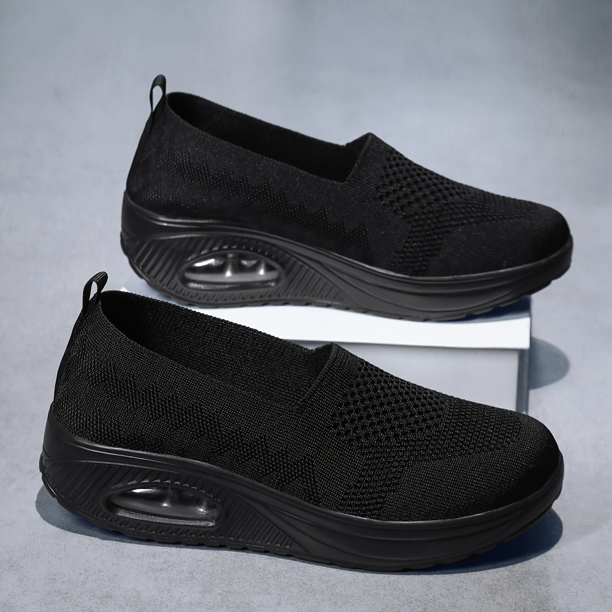 Women's Black Platform Sneakers with Air Cushion Breathable Fabric