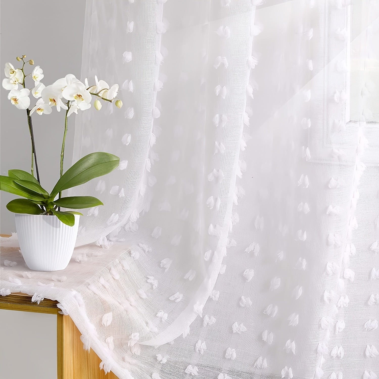White Sheer Curtain with Grommet Top and Pom Pom Tufting 213cm for Bedroom Living Room Office