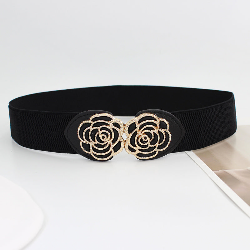 Women's Metal Leaf Buckle Wide Vintage Stretch Waist Belt for Dresses