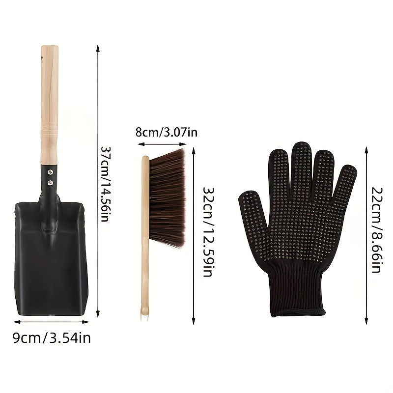 Fireplace Cleaning Tools Set 4 Pieces Ash Shovel Brush Gloves Durable