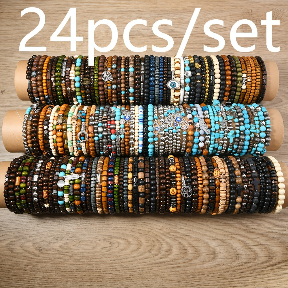Set of 12 or 24 Autumn Winter Wooden Bead Stackable Elastic Wire Bracelets for Women