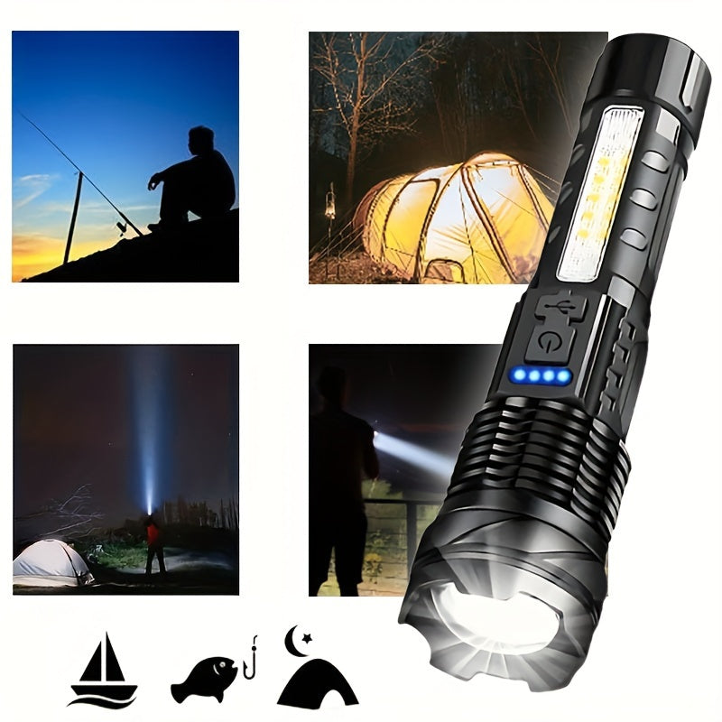 Linterna LED recargable con haz ajustable para acampar, senderismo, pesca y correr
