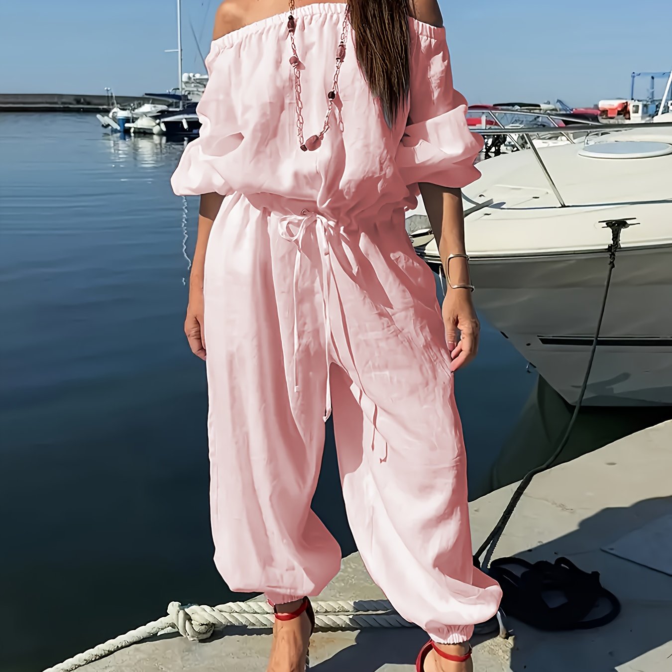 Mono de mujer de talla grande con hombros descubiertos y pantalón ancho, transpirable y casual para verano
