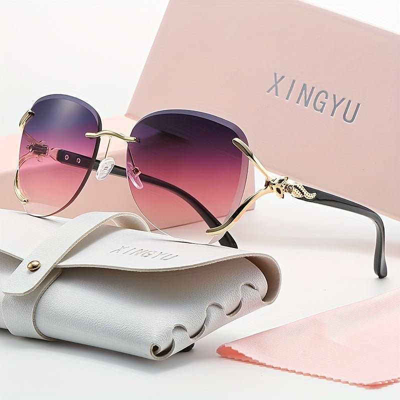 Women Rimless Chic Fox Head Sunglasses Gradient Lenses Metal Frame for Driving Outdoor