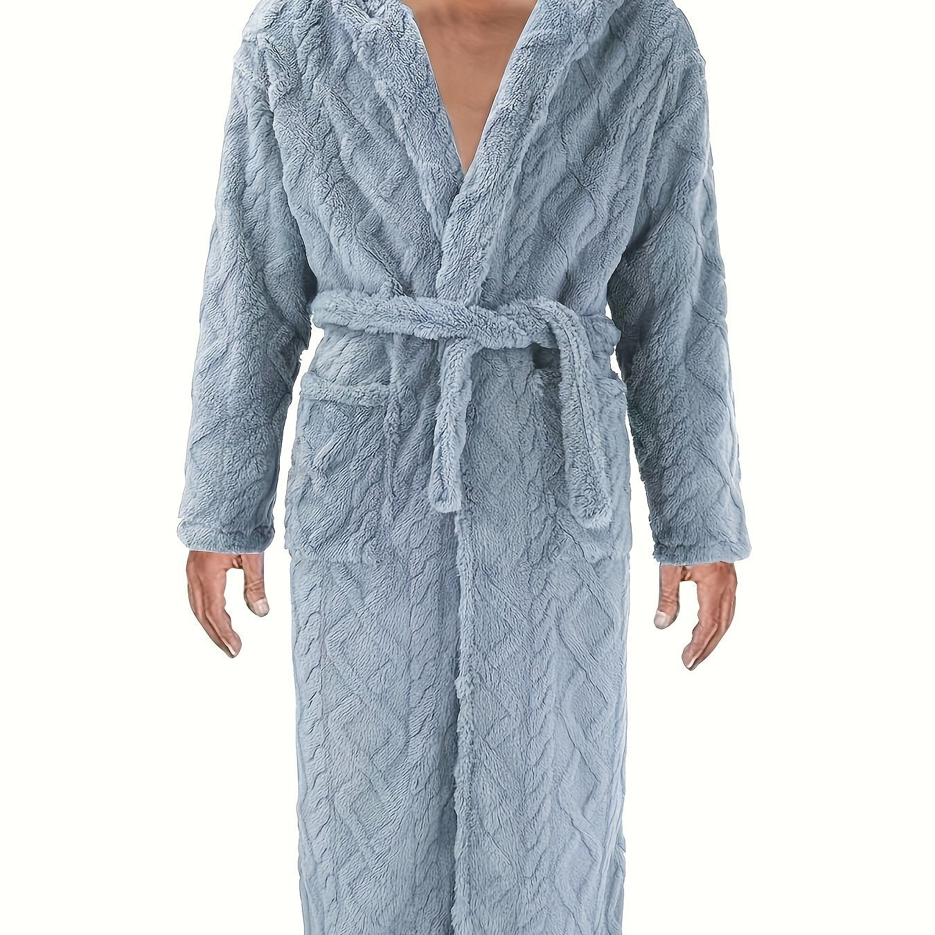 Men's Over-the-Knee Fleece Bathrobe with V-Neck, Blue Quilted Design for Winter