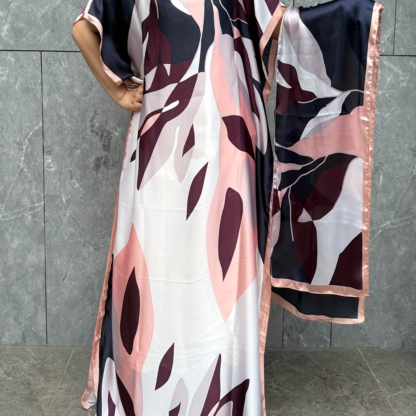 Women's Plus Size Floral Print Longline Dress with Scarf Casual Summer Holiday