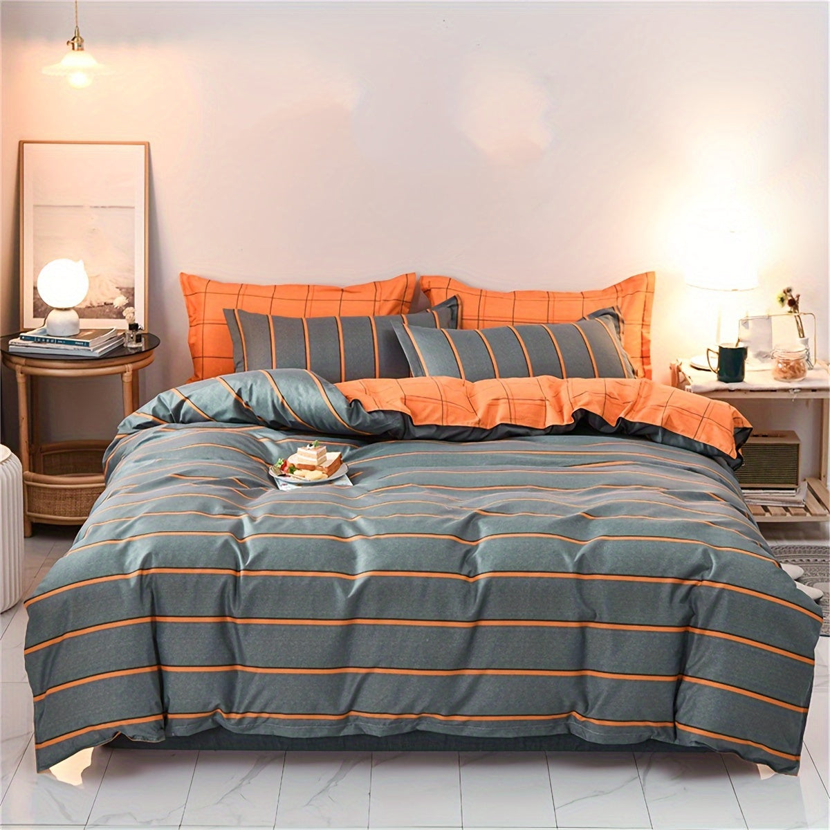 Polyester Duvet Cover Set with Striped Print Bedding Includes Soft Pillowcases for Bedroom or Guest Room