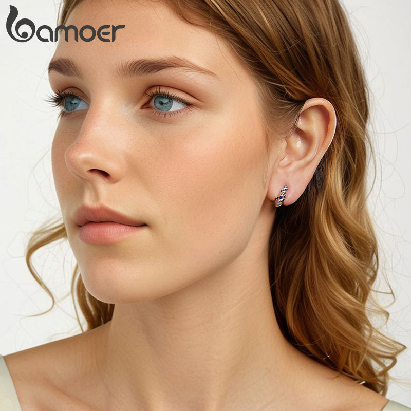 Sterling Silver Hoop Earrings Blue Twisted Design Synthetic Zirconia for Party or Daily Wear