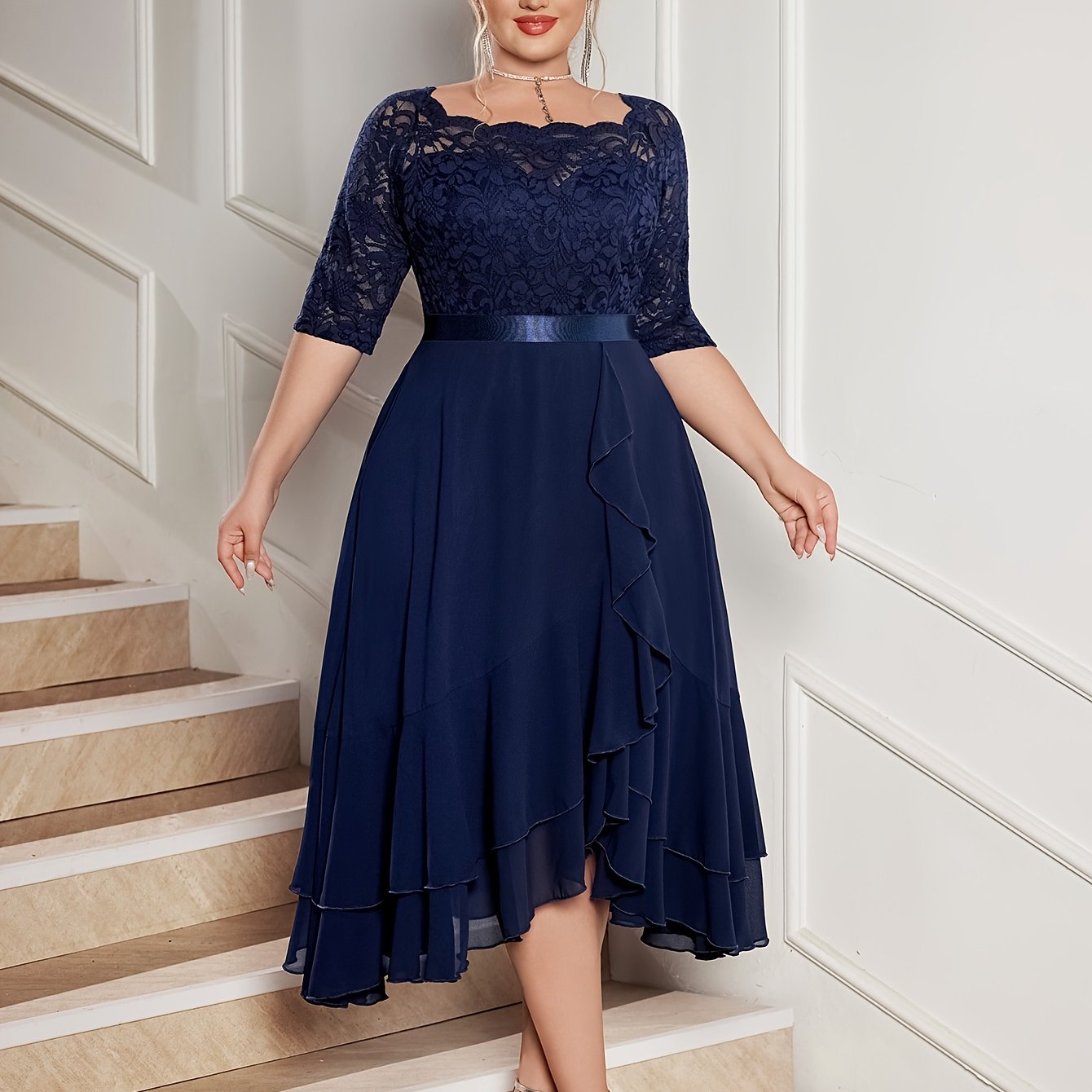 Plus Size Off Shoulder Lace Chiffon Midi Dress Ruffle Sleeve Wedding Party