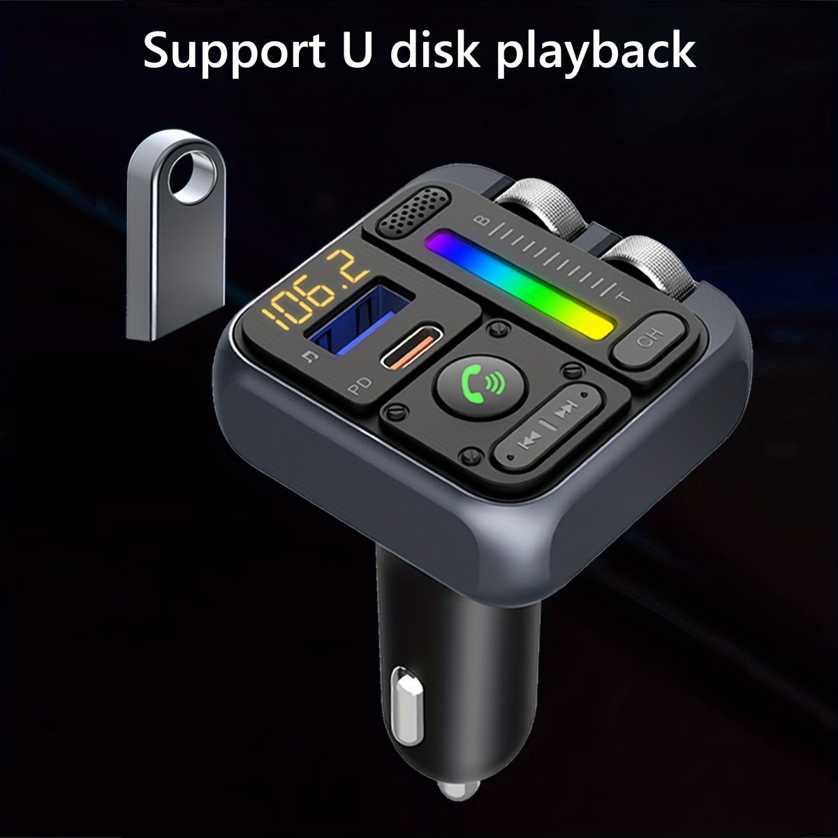 Car FM Transmitter Handsfree Kit Voice Assistant USB Charger MP3 Player