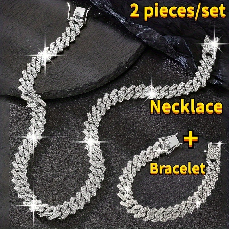Y2K Rhinestone Cuban Link Chain Necklace and Bracelet Set for Hip Hop Style