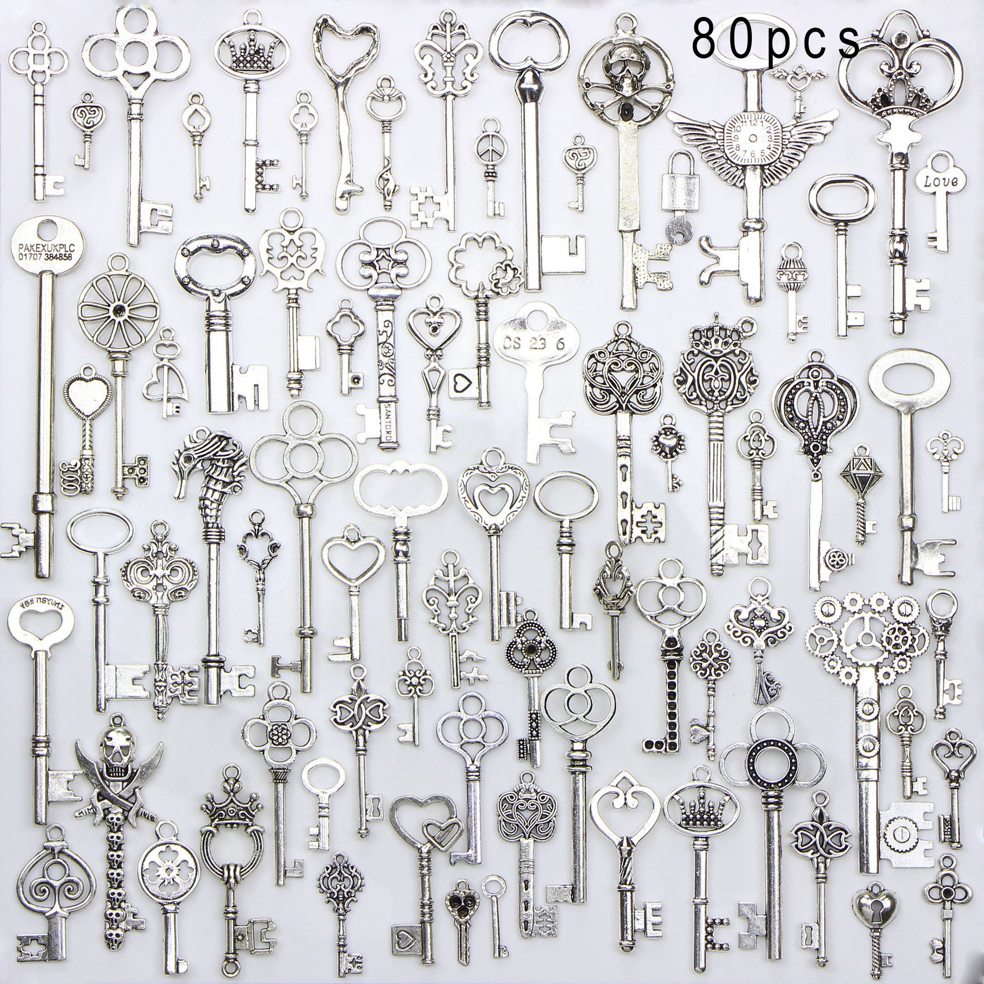 80pcs Antique Zinc Alloy Key Pendants Pirate Castle Skull Heart Filigree Jewelry Making