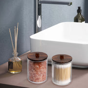 Bathroom Storage Container Set with Brown Wood Lids for 7oz or 10oz Swabs and Cotton Balls
