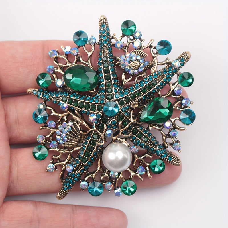 Ocean-Themed Starfish Rhinestone Brooch Pin with Faux Pearl Details for Women