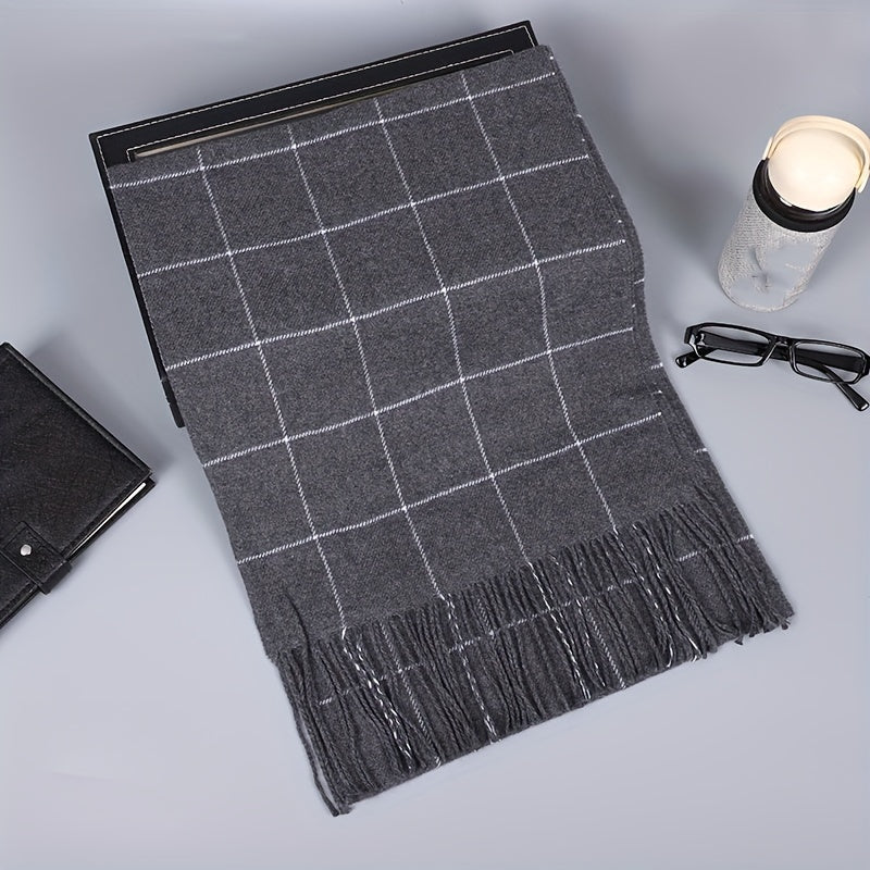 Men's Imitation Cashmere Scarf with Tassel Detail in Plaid Pattern for Fall Winter