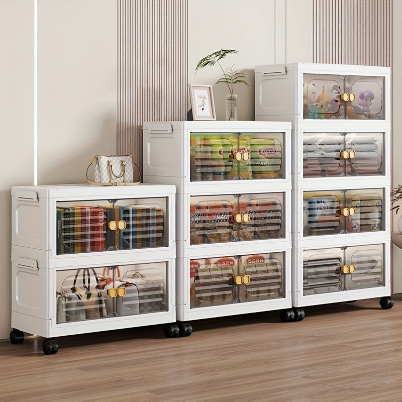 Foldable Waterproof Plastic Storage Cabinet with 3 Tiers White and Gold for Bedroom and Home Organization