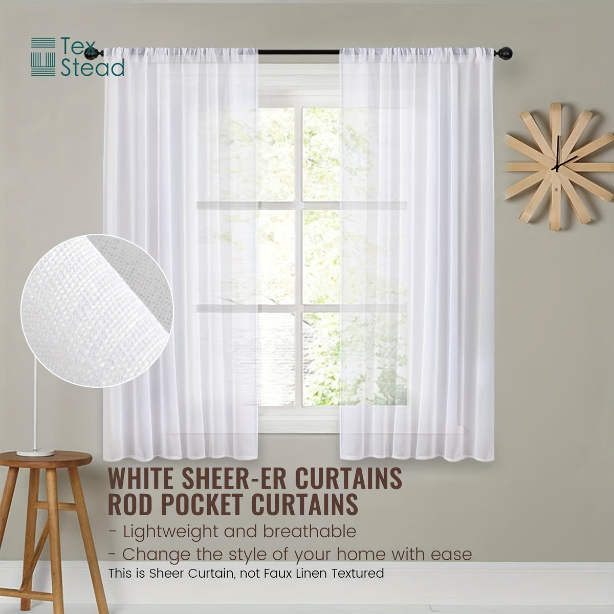 Set of 2 Linen Textured Semi-Sheer White Kitchen Curtain Tiers for Cafe, Living Room, Bedroom