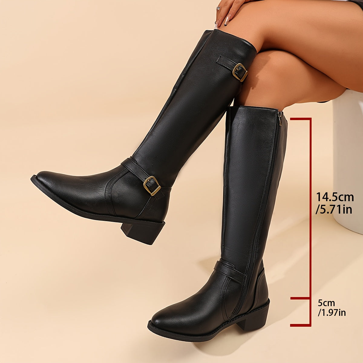 Women’s Knee-High Riding Boots Faux Leather Side Zipper Pointed Toe