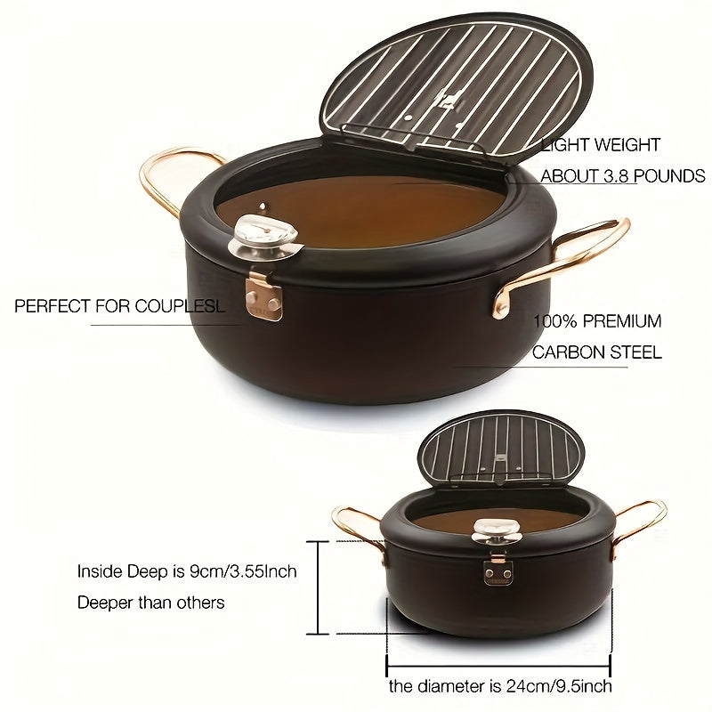 Olla de freidora profunda antiadherente negra con termómetro y calentamiento rápido