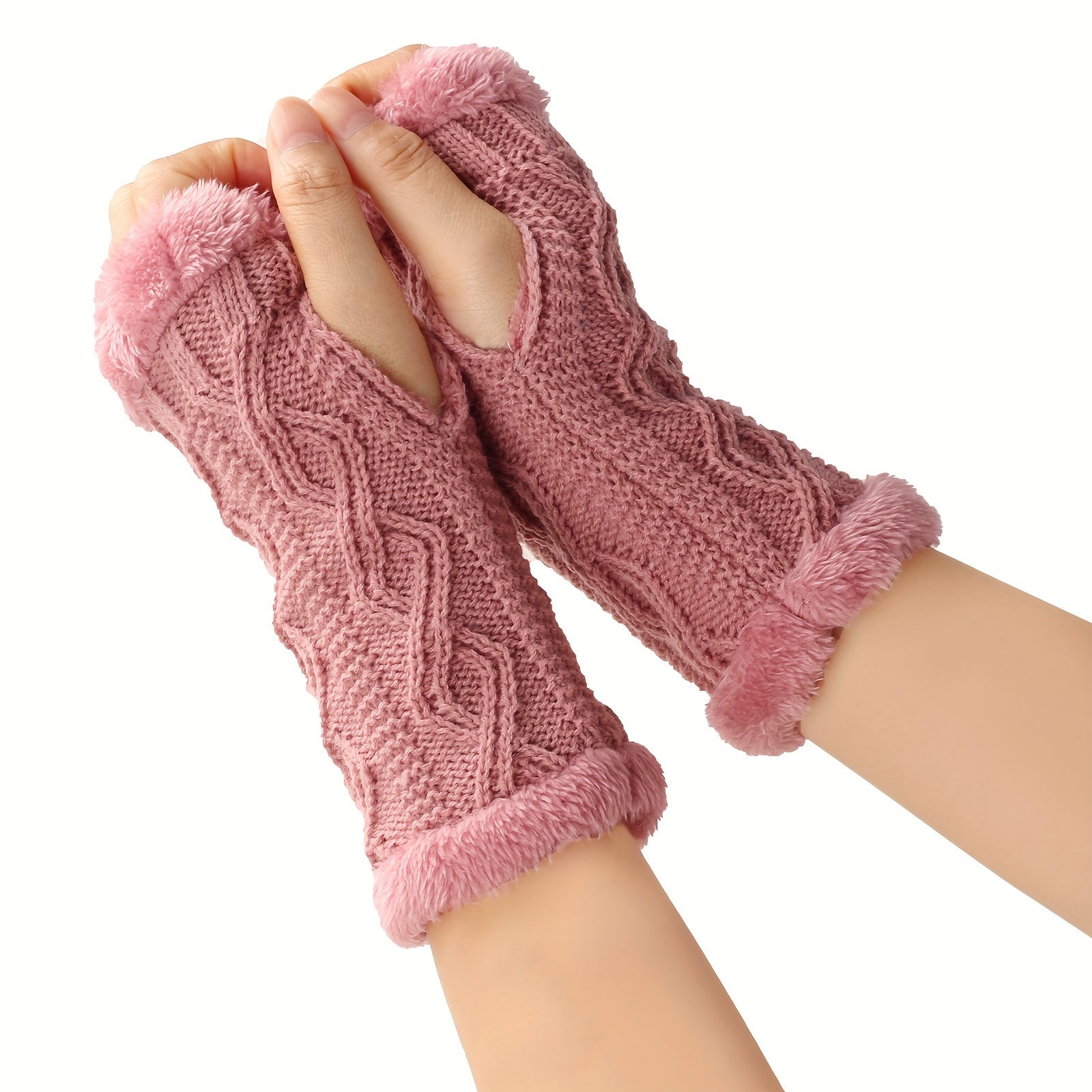 Solid Color Twist Knit Fingerless Gloves with Velvet Lining for Winter Warmth