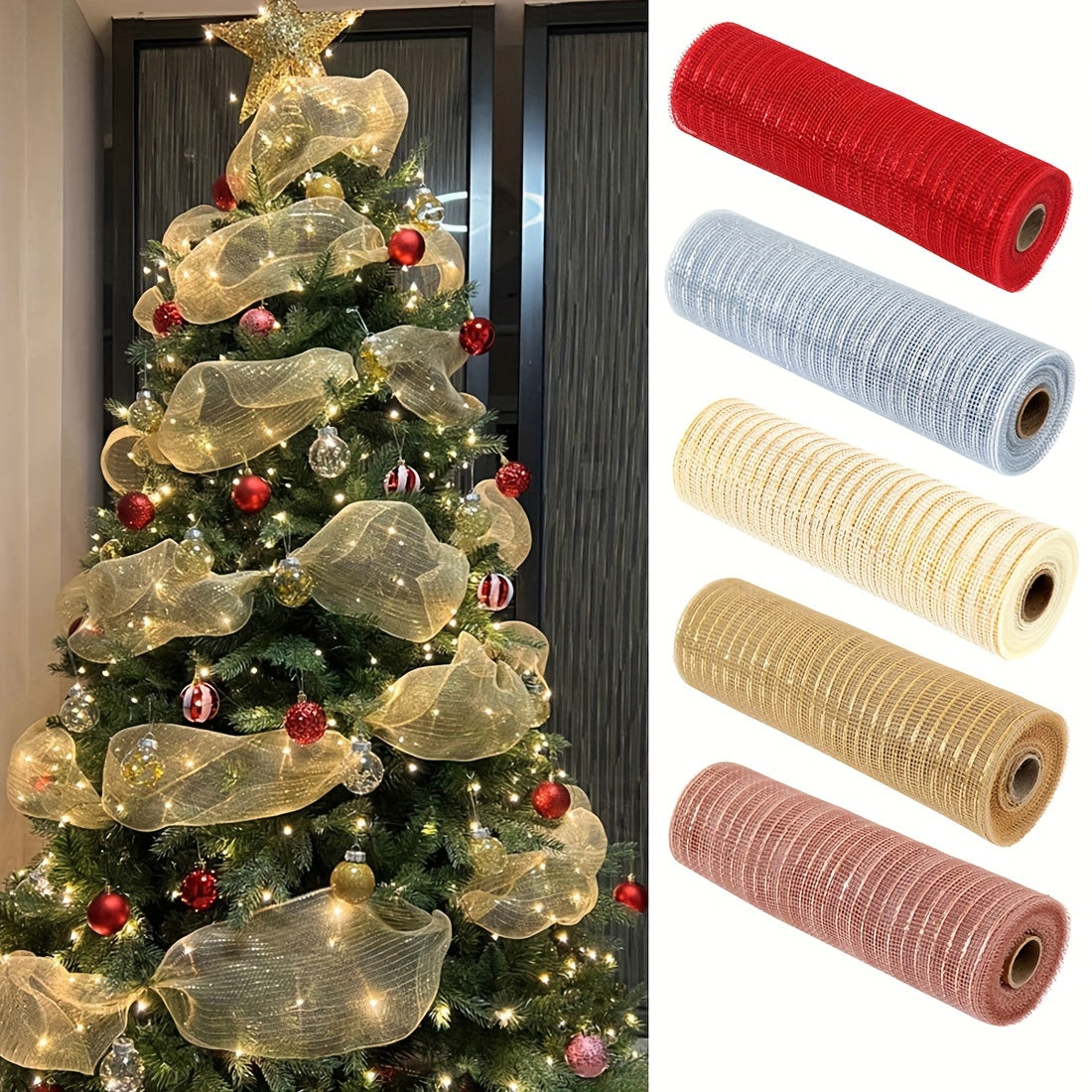 Christmas Glitter Mesh Ribbon Red 26.01 cm x 9.14 m for DIY Xmas Tree Decor