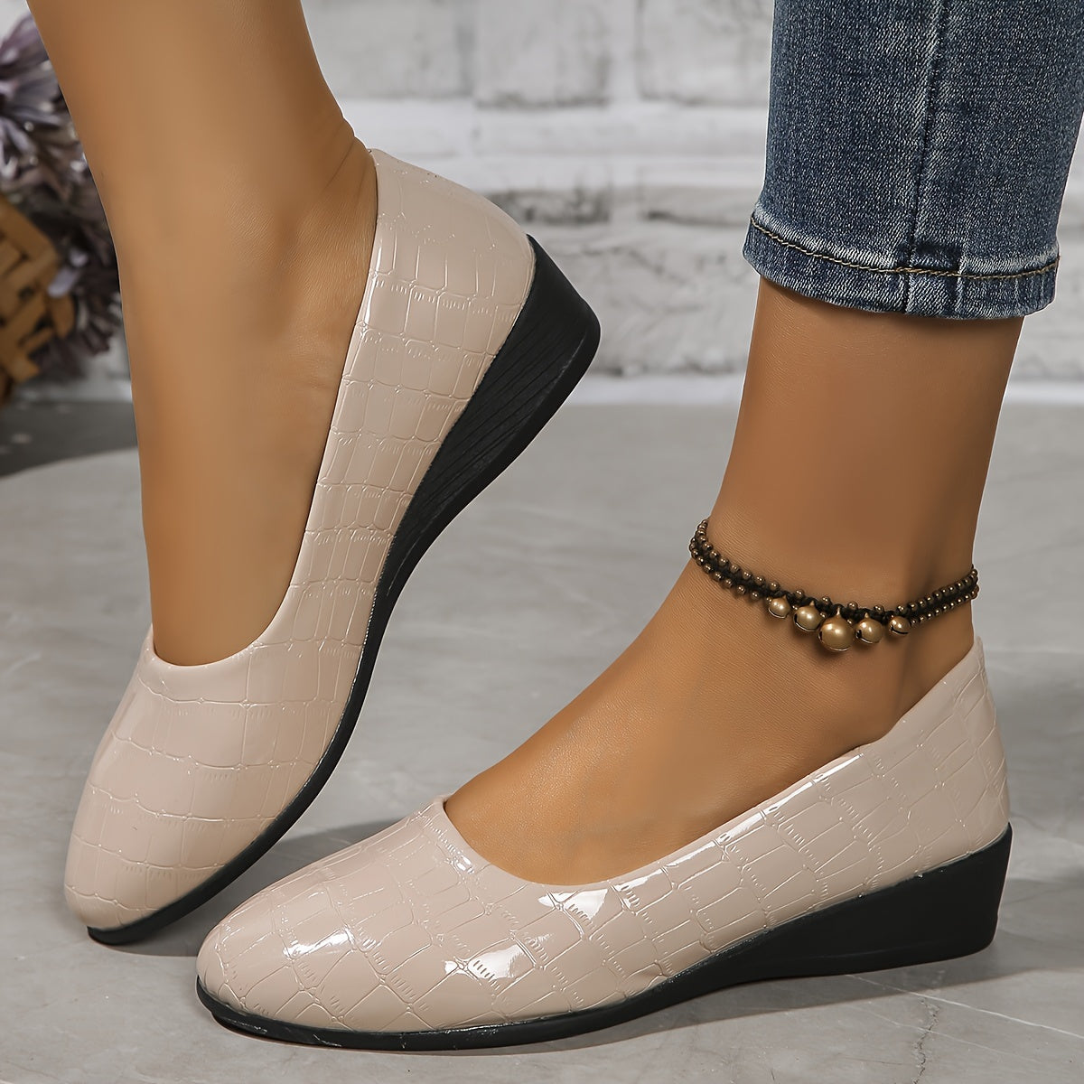 Women's Beige Crocodile-Embossed Wedge Heels Slip-On Comfort Shoes