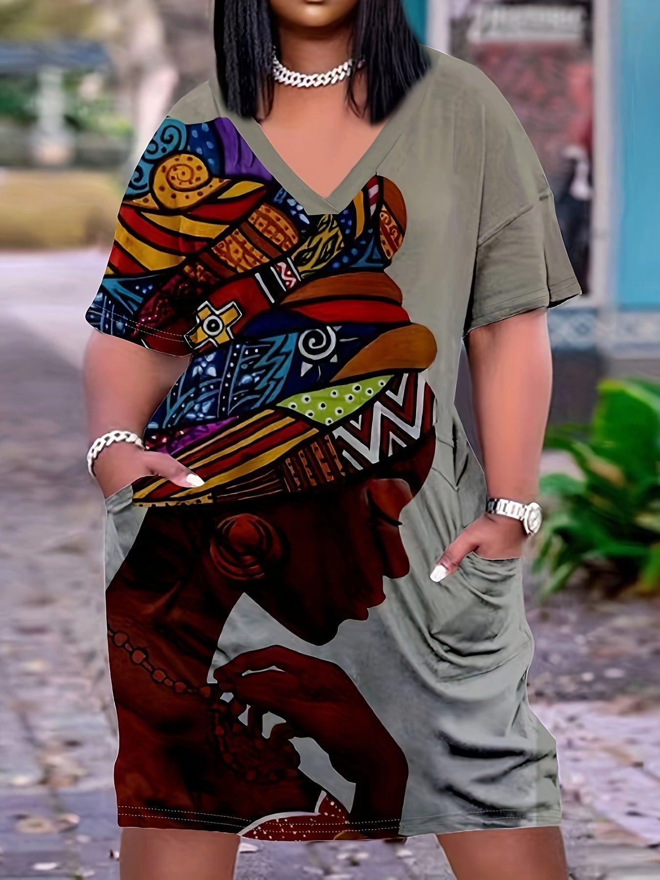 Vestido de mujer con estampado de pañuelo geométrico talla grande para verano, casual, túnica