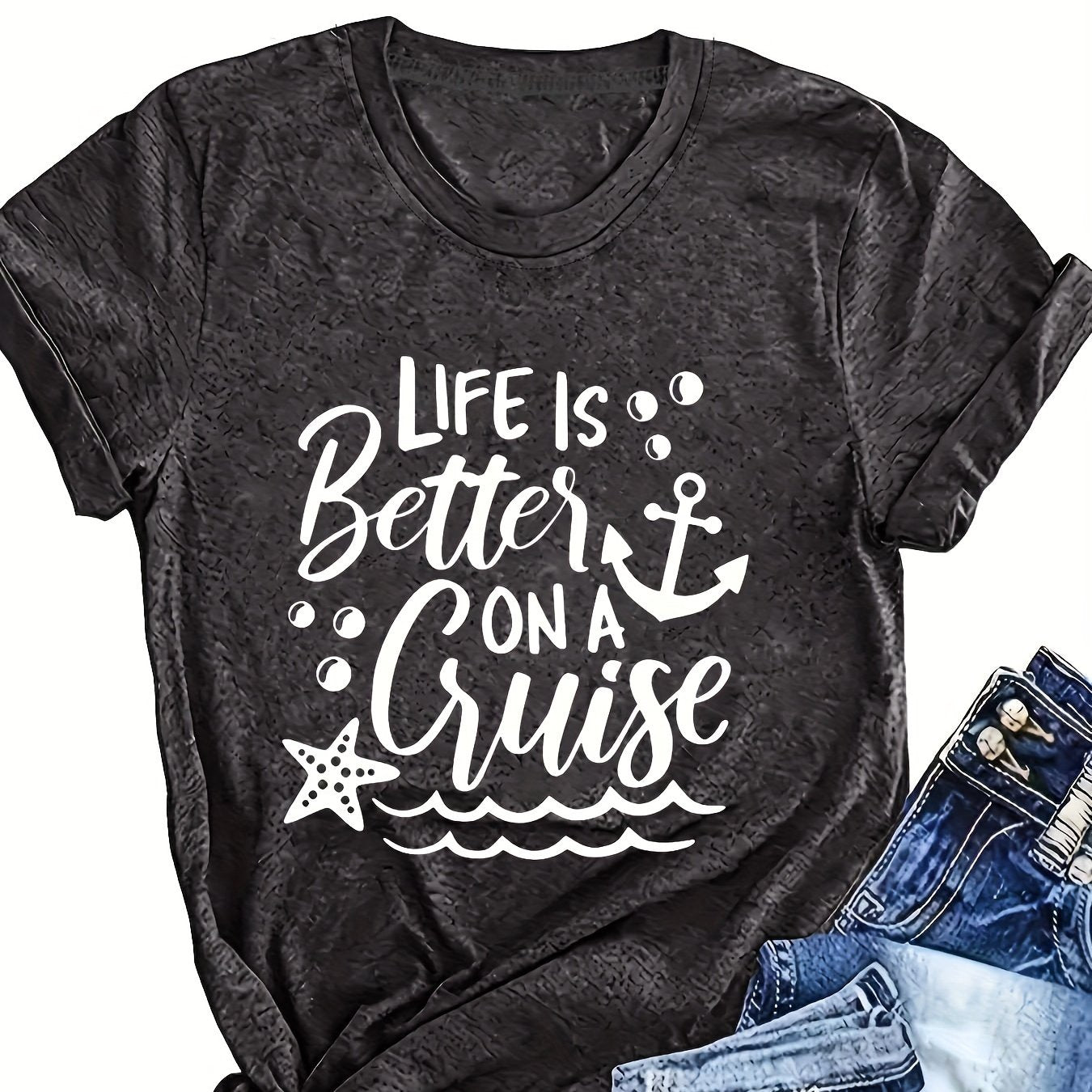 Plus Size Women's Cruise & Anchor Print T-Shirt Short Sleeve Crew Neck