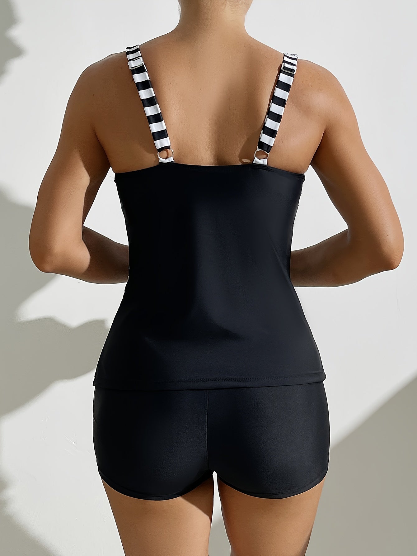 Women's Striped Tankini Swimsuit Set with Boyshorts and Ruched Details