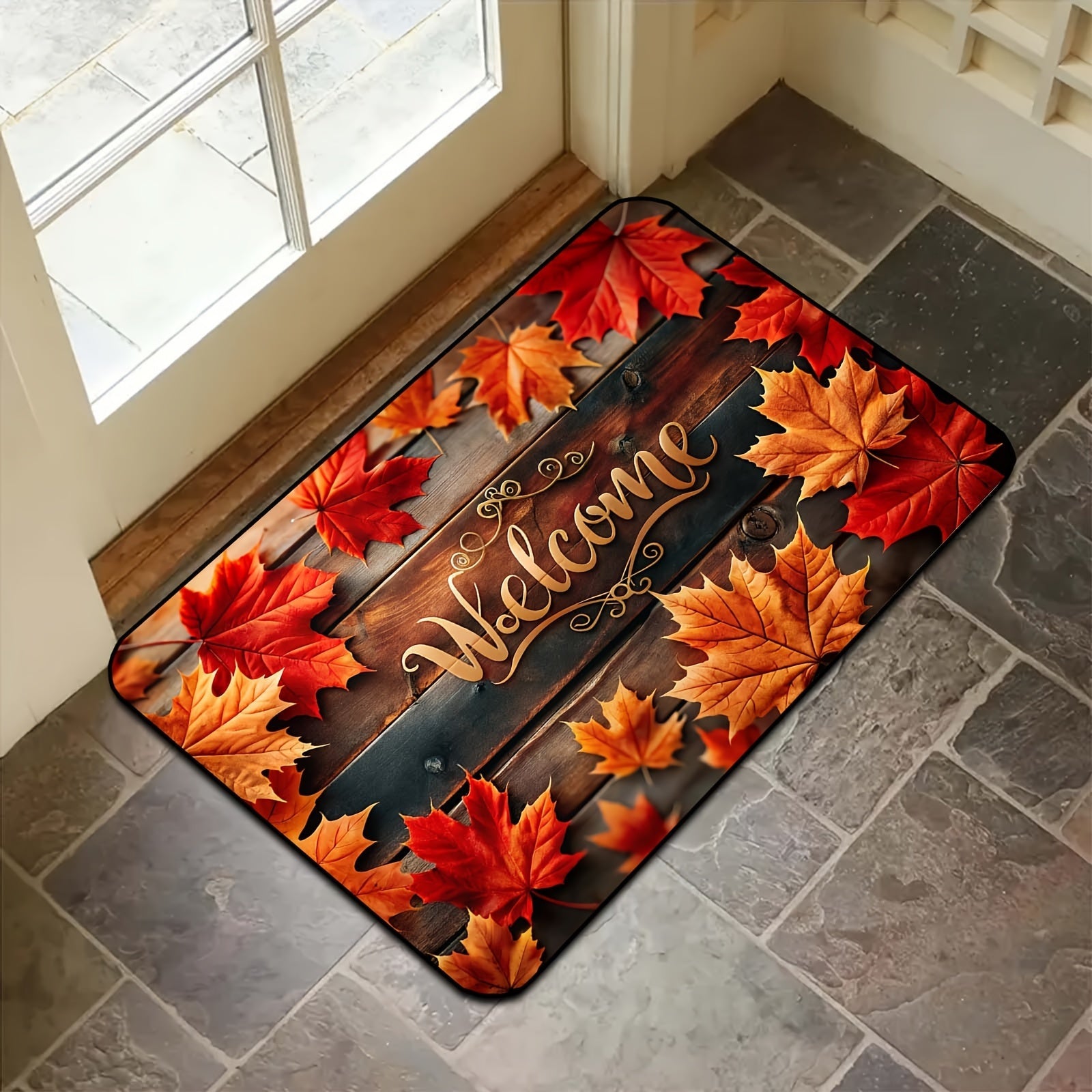 Felpudo de bienvenida con hojas de otoño, antideslizante, lavable a máquina, de poliéster, alfombra de entrada