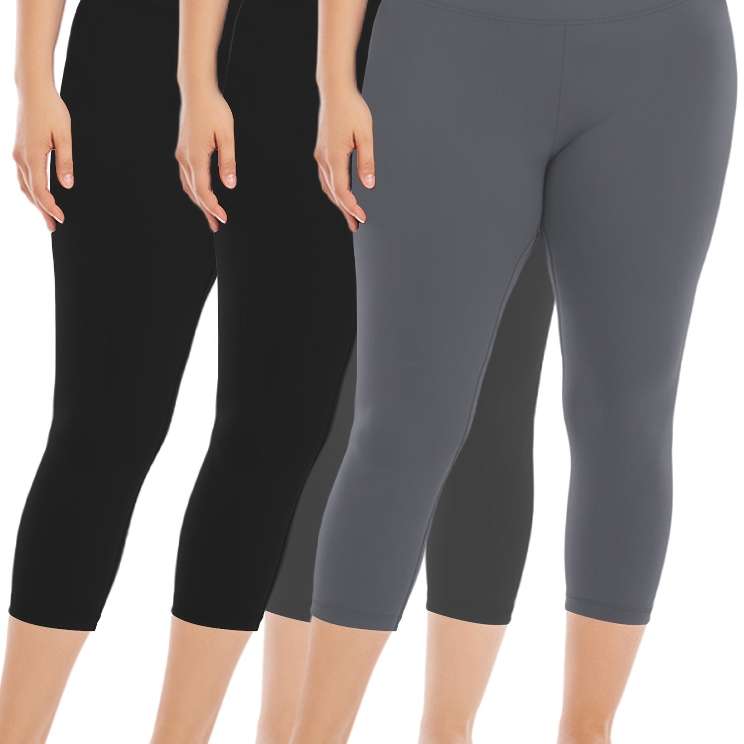 Plus Size High-Waist Capri Leggings Stretch Polyester Elastane Solid Color 3 Pack