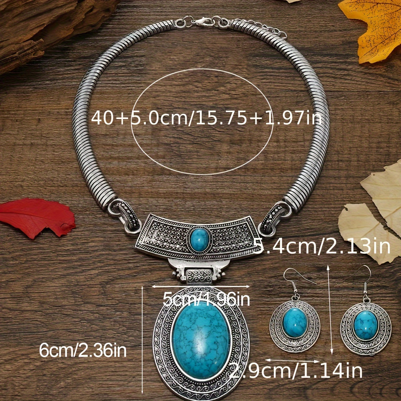 Boho Style Jewelry Set with Gemstone Inlays and Retro Carving Earrings Necklace for Daily or Party Wear