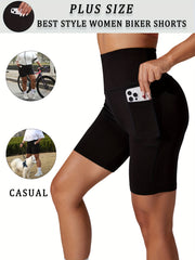 Plus Size High Waisted Biker Shorts Women Pockets Tummy Control Dark Blue