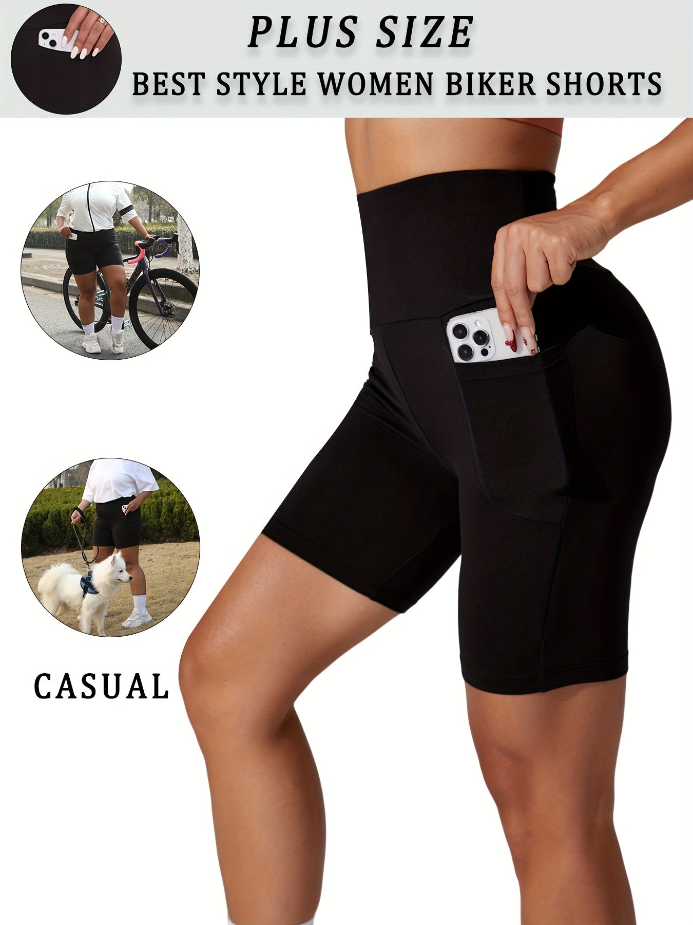 Plus Size High Waisted Biker Shorts Women Pockets Tummy Control Dark Blue