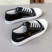 Women's Black White Cartoon Bear Lace-Up Sneakers Low-Top Casual Shoes