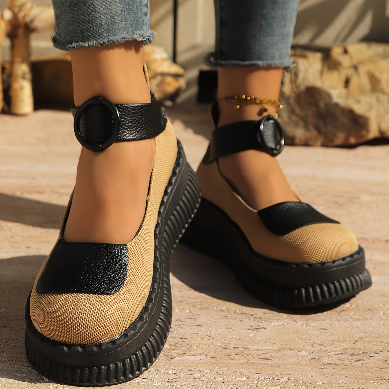 Women's Canvas Mary Jane Shoes with Platform Sole Adjustable Strap Black Beige