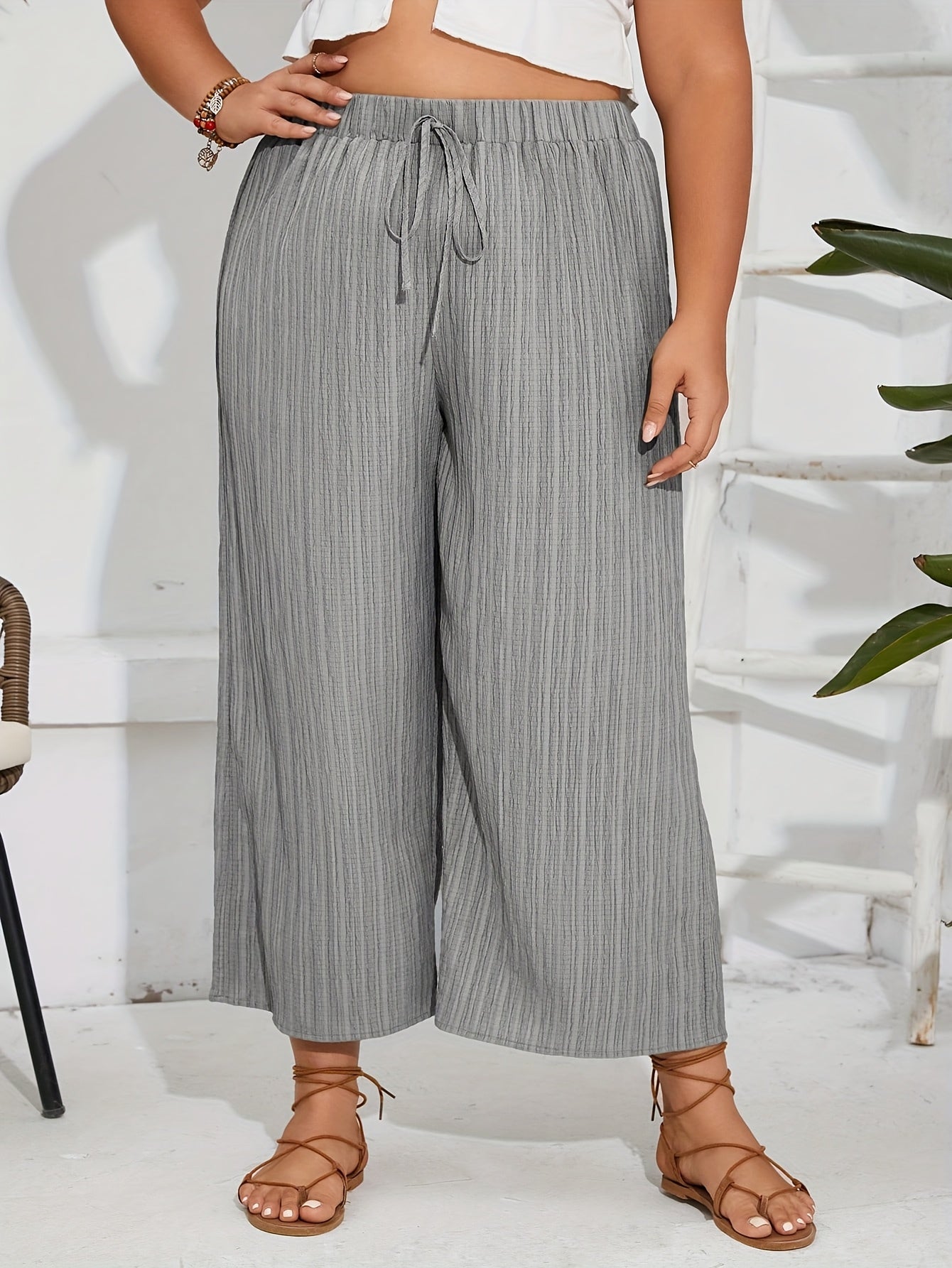 Women's Plus Size Drawstring Wide Leg Pants Solid Color Casual Lightweight