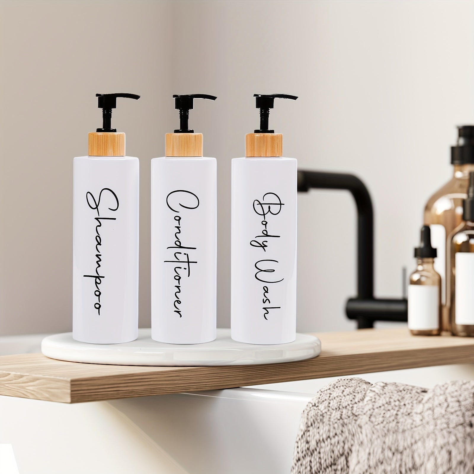 3-Piece Black and White Shampoo and Conditioner Dispenser Set 27 oz Refillable Pump Bottles