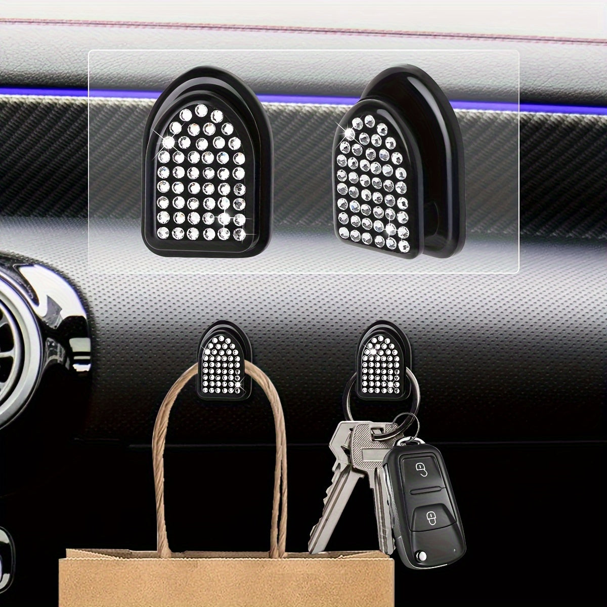 Car Interior Diamond-Embellished Hook Self-Adhesive Wall Mount Organizer